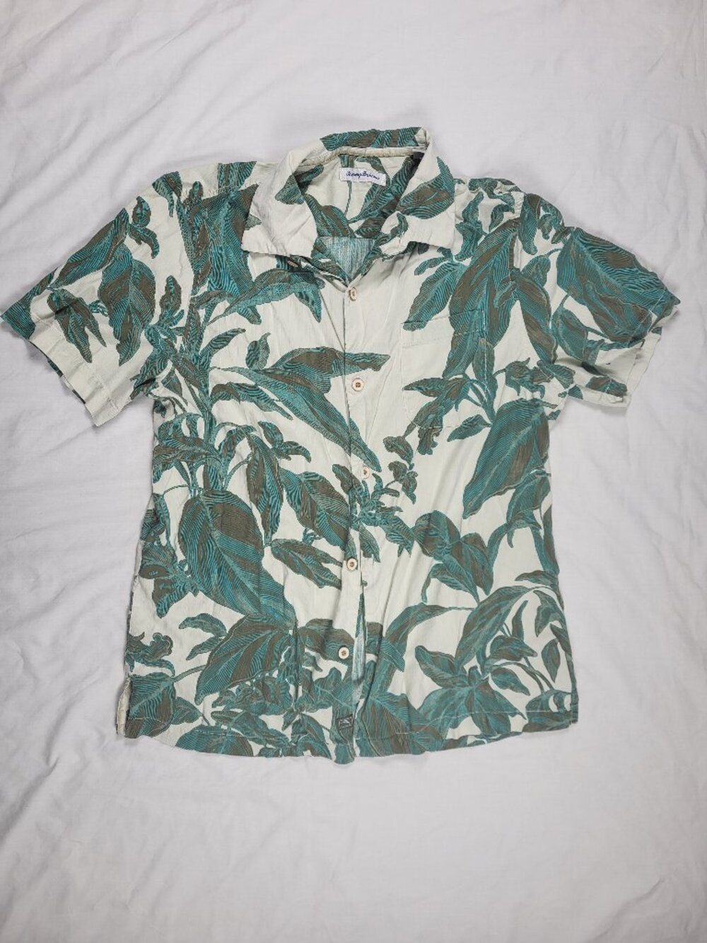 Tommy Bahama Shirt Men's Large Green Hawaiian Silk Floral Vacation Beach Travel